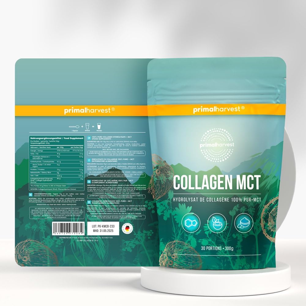 Primal Harvest Collagen powder - 30 servings Premium Collagen Complex - sustainable grass feed - collagen hydrolyzate - neutral taste & optimal solubility (1 Bag (30 Servings), MCT) - Image 4