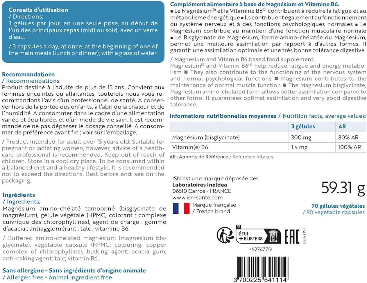 ISN - Magnefor - Food Supplement with Magnesium Bisglycinate, Vitamins B6 and D, Taurine - Optimal Assimilation - Transient Nervousness & Fatigue - 30 Day Cure - Image 3