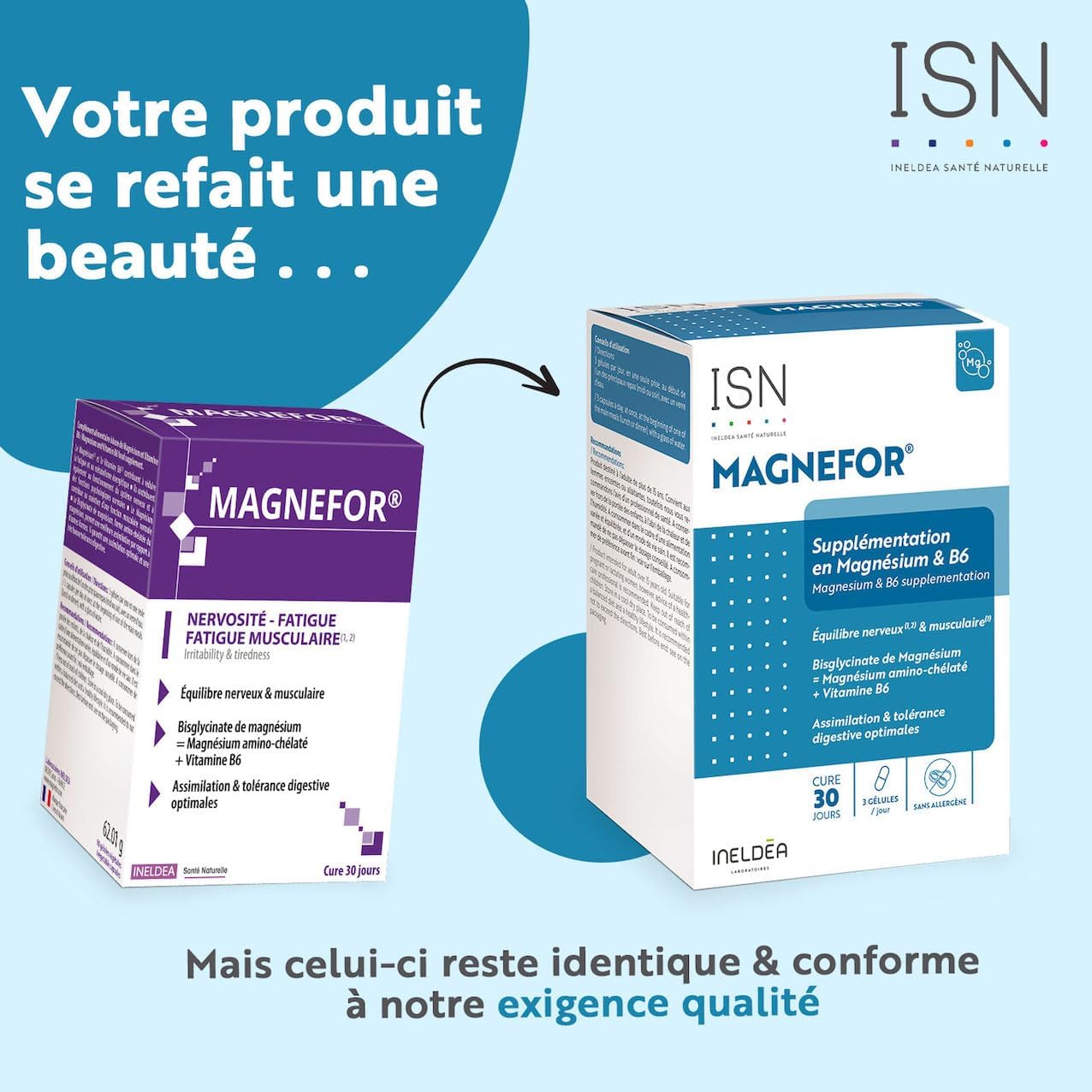 ISN - Magnefor - Food Supplement with Magnesium Bisglycinate, Vitamins B6 and D, Taurine - Optimal Assimilation - Transient Nervousness & Fatigue - 30 Day Cure - Image 4