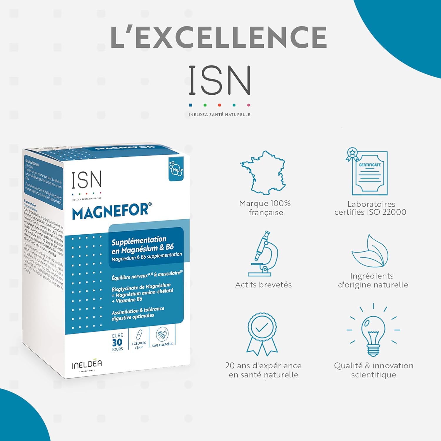 ISN - Magnefor - Food Supplement with Magnesium Bisglycinate, Vitamins B6 and D, Taurine - Optimal Assimilation - Transient Nervousness & Fatigue - 30 Day Cure - Image 7