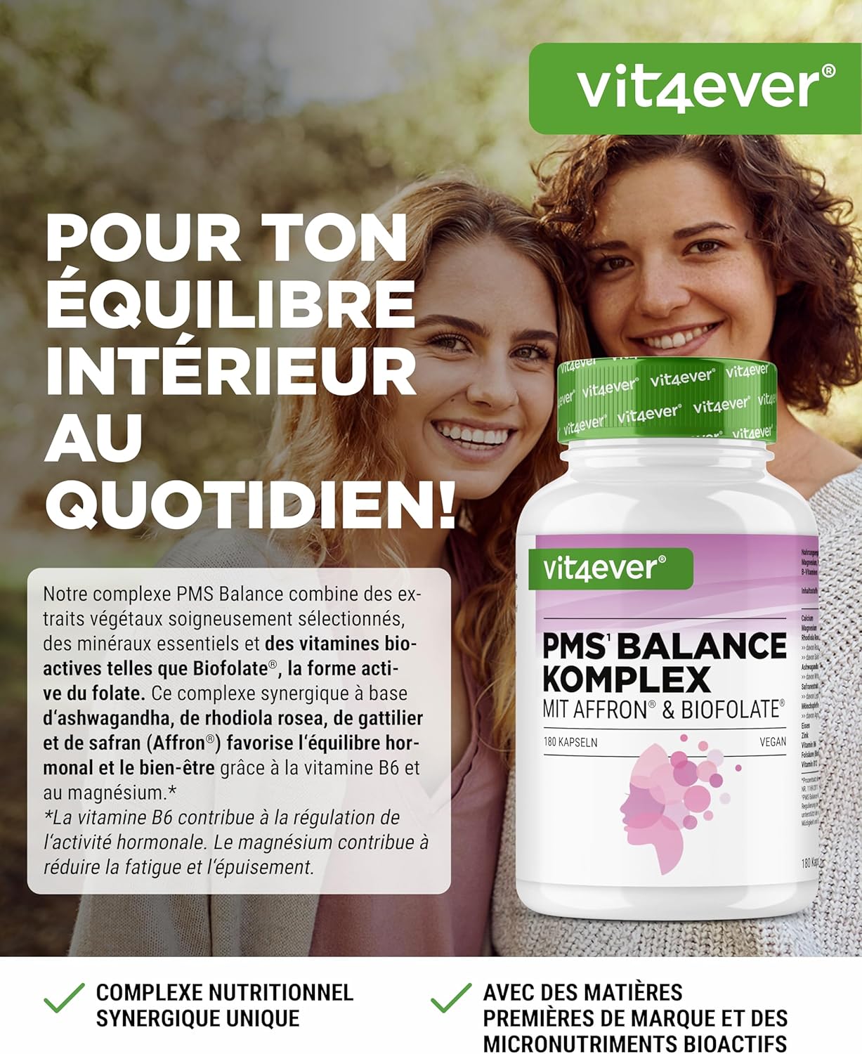 Complexe PMS – 180 gélules véganes – avec extrait de safran Affron®, acide folique Biofolate®, gattilier, ashwagandha – rhodiola rosea, calcium, magnésium, fer, zinc, vitamines B6 et B1 - Image 3
