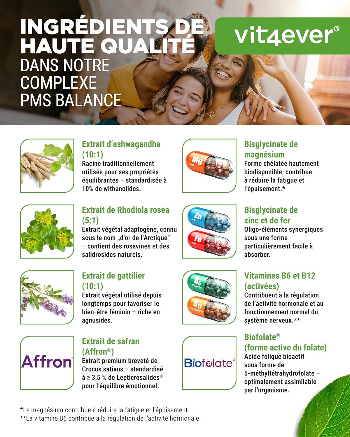 Complexe PMS – 180 gélules véganes – avec extrait de safran Affron®, acide folique Biofolate®, gattilier, ashwagandha – rhodiola rosea, calcium, magnésium, fer, zinc, vitamines B6 et B1 - Image 4
