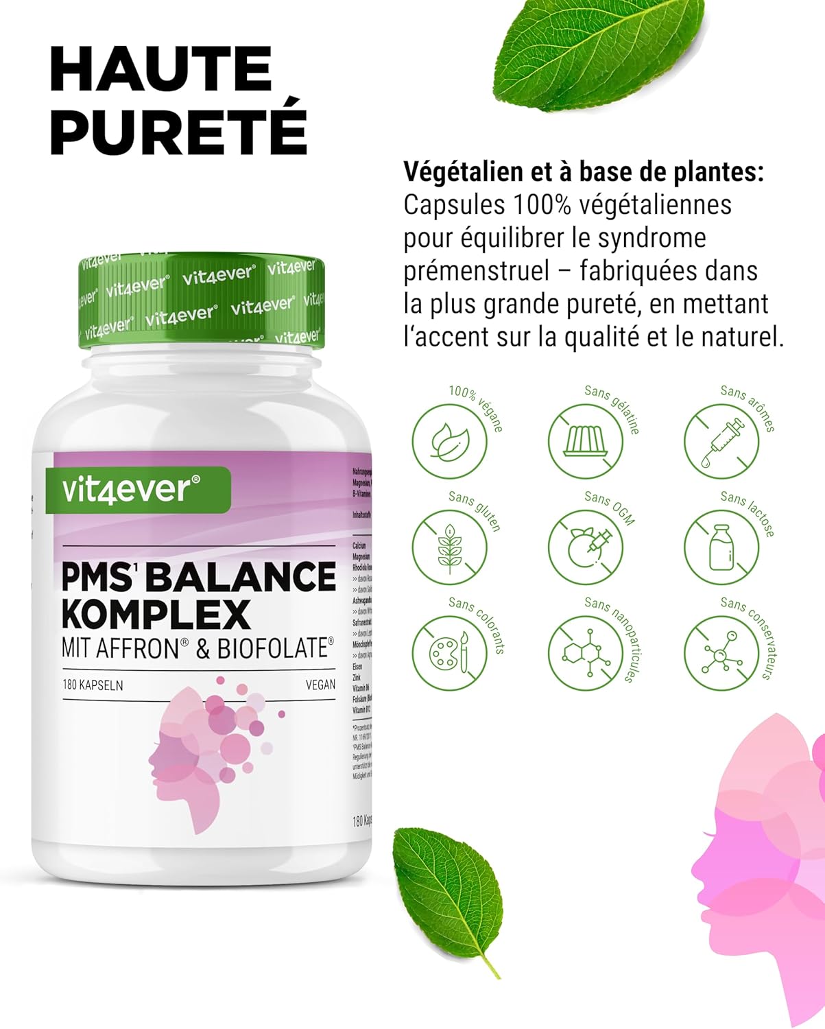 Complexe PMS – 180 gélules véganes – avec extrait de safran Affron®, acide folique Biofolate®, gattilier, ashwagandha – rhodiola rosea, calcium, magnésium, fer, zinc, vitamines B6 et B1 - Image 5