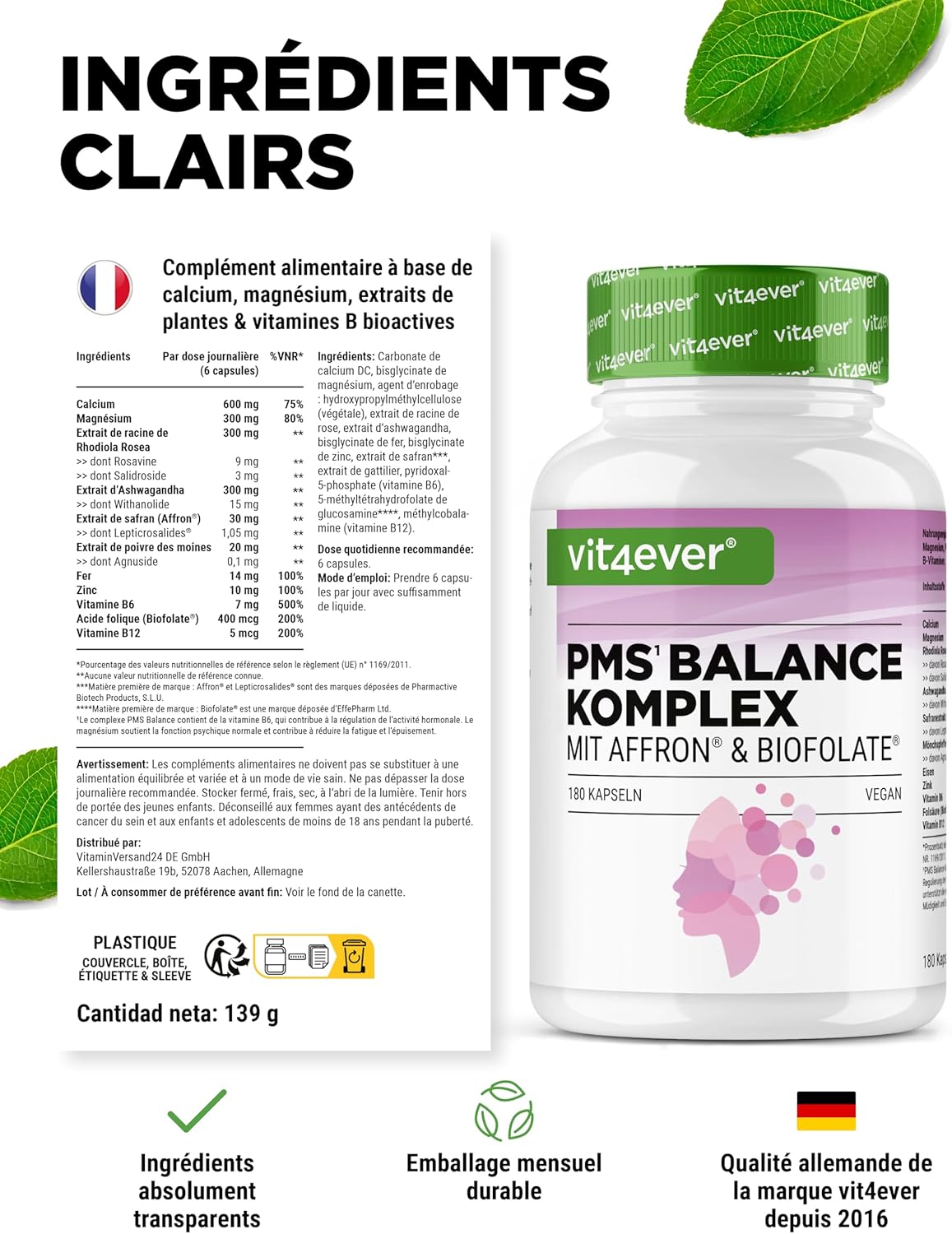 Complexe PMS – 180 gélules véganes – avec extrait de safran Affron®, acide folique Biofolate®, gattilier, ashwagandha – rhodiola rosea, calcium, magnésium, fer, zinc, vitamines B6 et B1 - Image 7