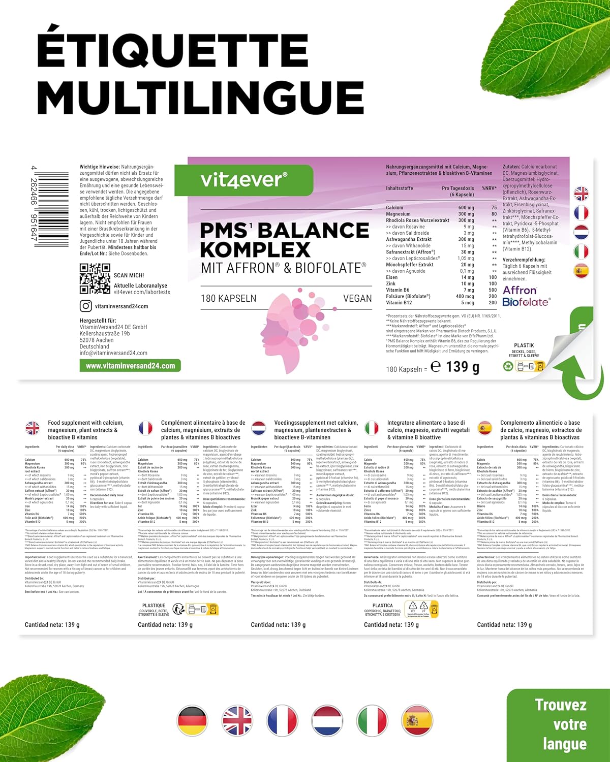 Complexe PMS – 180 gélules véganes – avec extrait de safran Affron®, acide folique Biofolate®, gattilier, ashwagandha – rhodiola rosea, calcium, magnésium, fer, zinc, vitamines B6 et B1 - Image 8