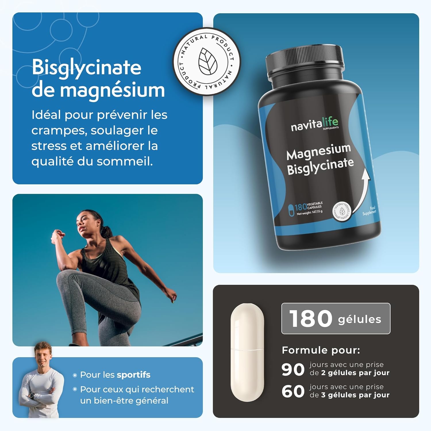 Magnesium Bisglycinate 2250 mg | 450 mg Elemental Magnesium | 180 Capsules for 3 Months | Promotes Performance and Concentration | Reduces Fatigue | Supports Muscles and Joints | Navitalife - Image 4