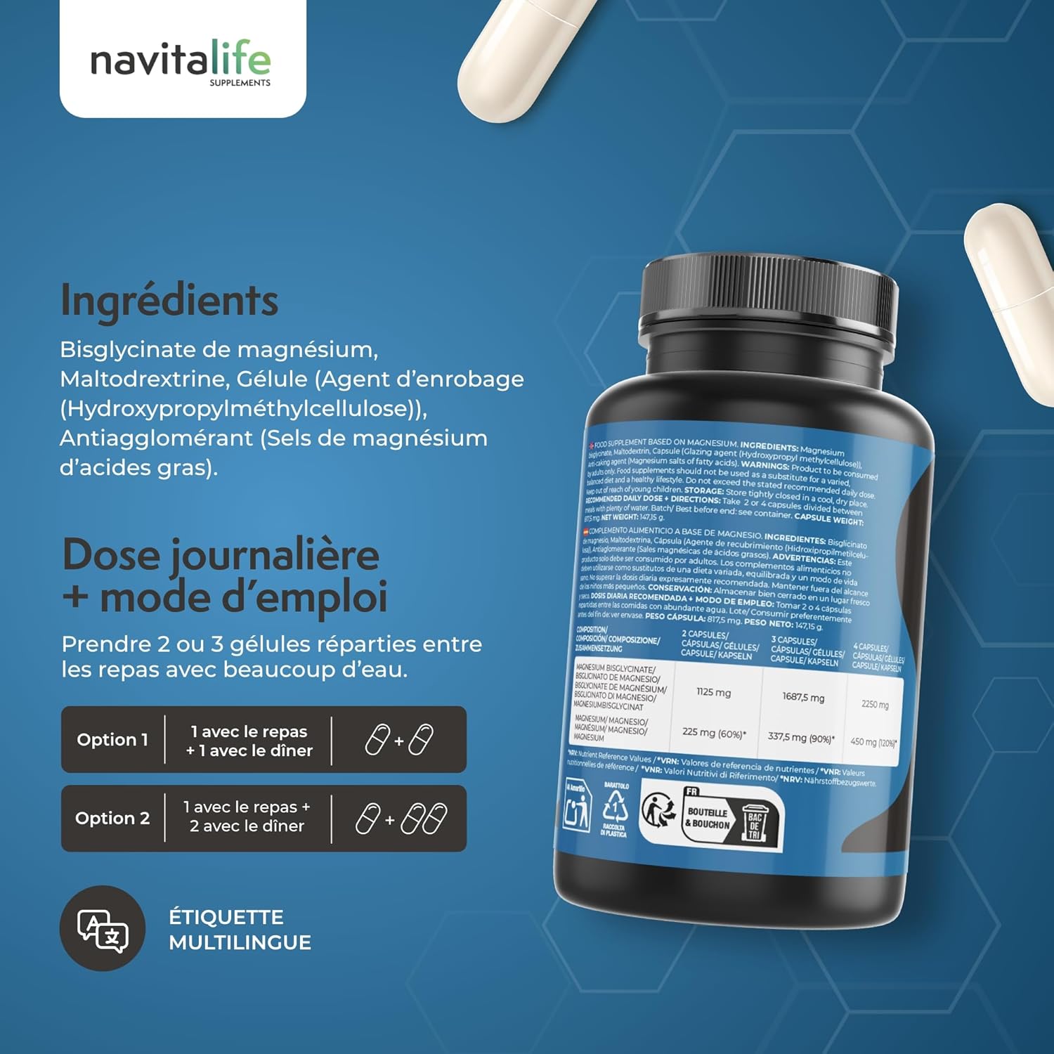Magnesium Bisglycinate 2250 mg | 450 mg Elemental Magnesium | 180 Capsules for 3 Months | Promotes Performance and Concentration | Reduces Fatigue | Supports Muscles and Joints | Navitalife - Image 5