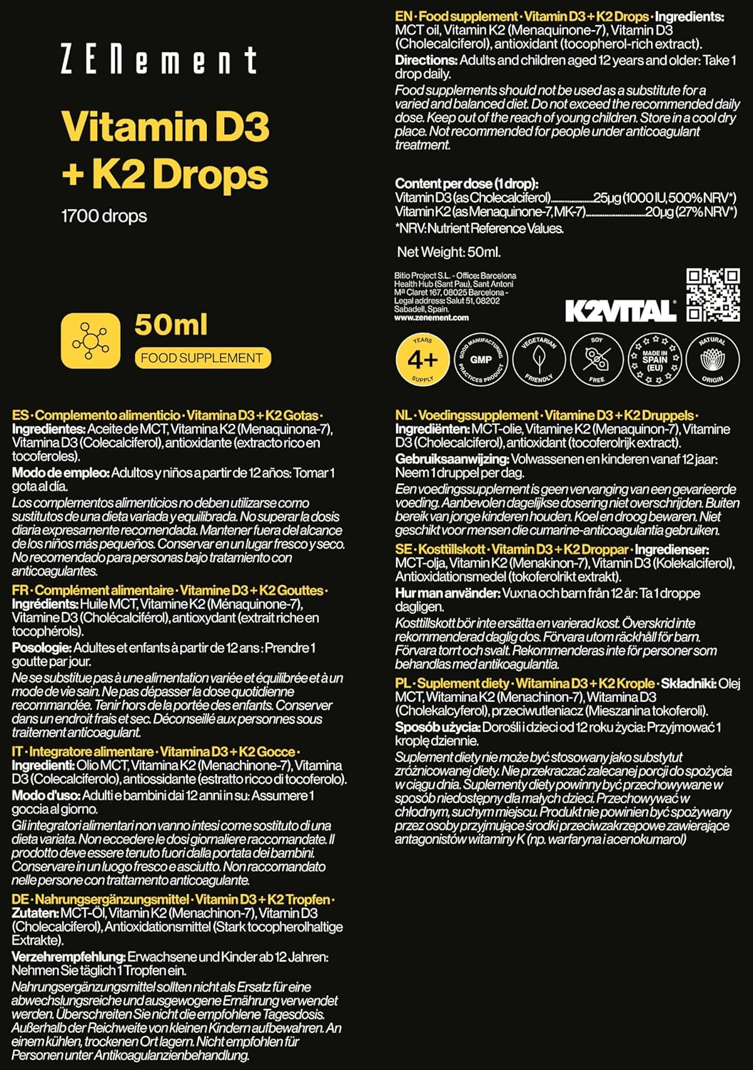 Vitamin D3 + K2 Drops - Premium Ingredients K2VITAL MK-7 All-Trans 99.7% and Natural Vitamin D3 from Lanolin - for Bones and Immune System - 1700 Drops (50 ml) - Zenement - Image 5