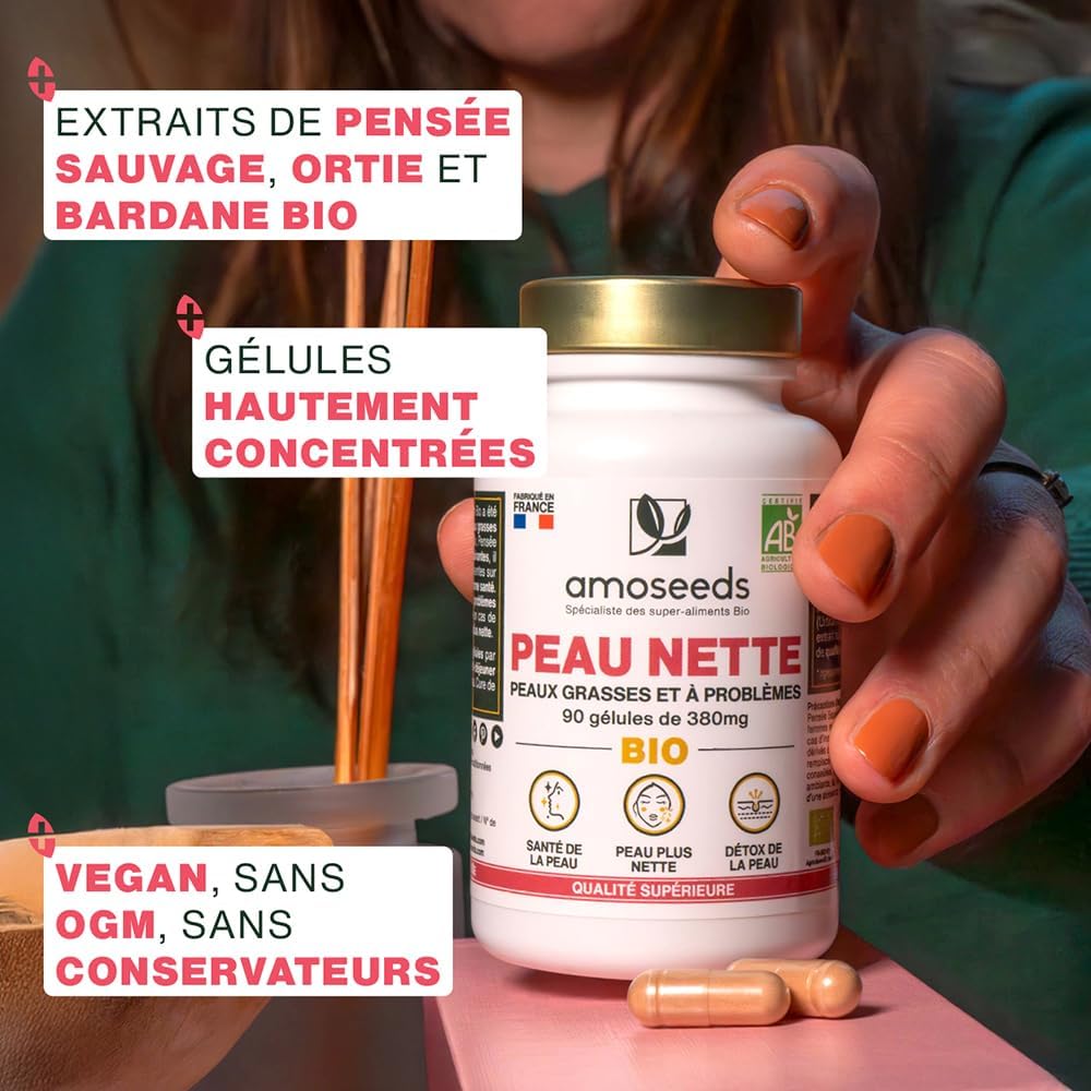 Organic Clean Skin | Oily and Problem Skin | Regulates Sebum Production | Detoxifies and Purifies | Burdock, Wild Thought, Nettle | 60 Capsules of 380mg | Made in France | Superior Quality - Image 4