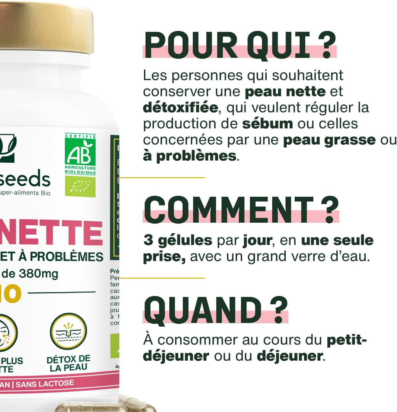 Organic Clean Skin | Oily and Problem Skin | Regulates Sebum Production | Detoxifies and Purifies | Burdock, Wild Thought, Nettle | 60 Capsules of 380mg | Made in France | Superior Quality - Image 5