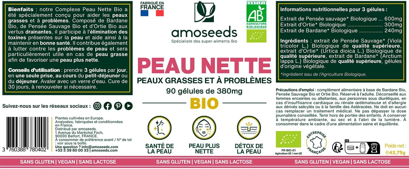 Organic Clean Skin | Oily and Problem Skin | Regulates Sebum Production | Detoxifies and Purifies | Burdock, Wild Thought, Nettle | 60 Capsules of 380mg | Made in France | Superior Quality - Image 7