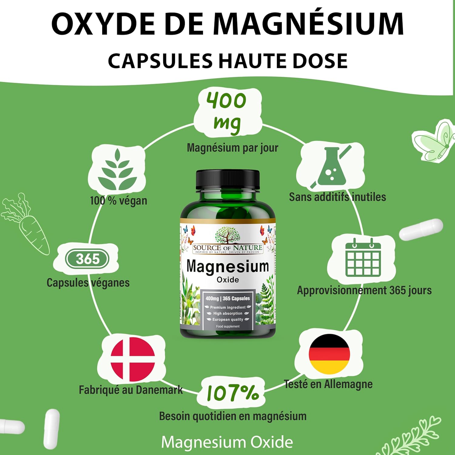 Magnesium Oxide 665 mg | 400 mg Elemental Magnesium | 365 Vegan Capsules | High Dose | 1 Year Reserve | Source of Nature - Image 3