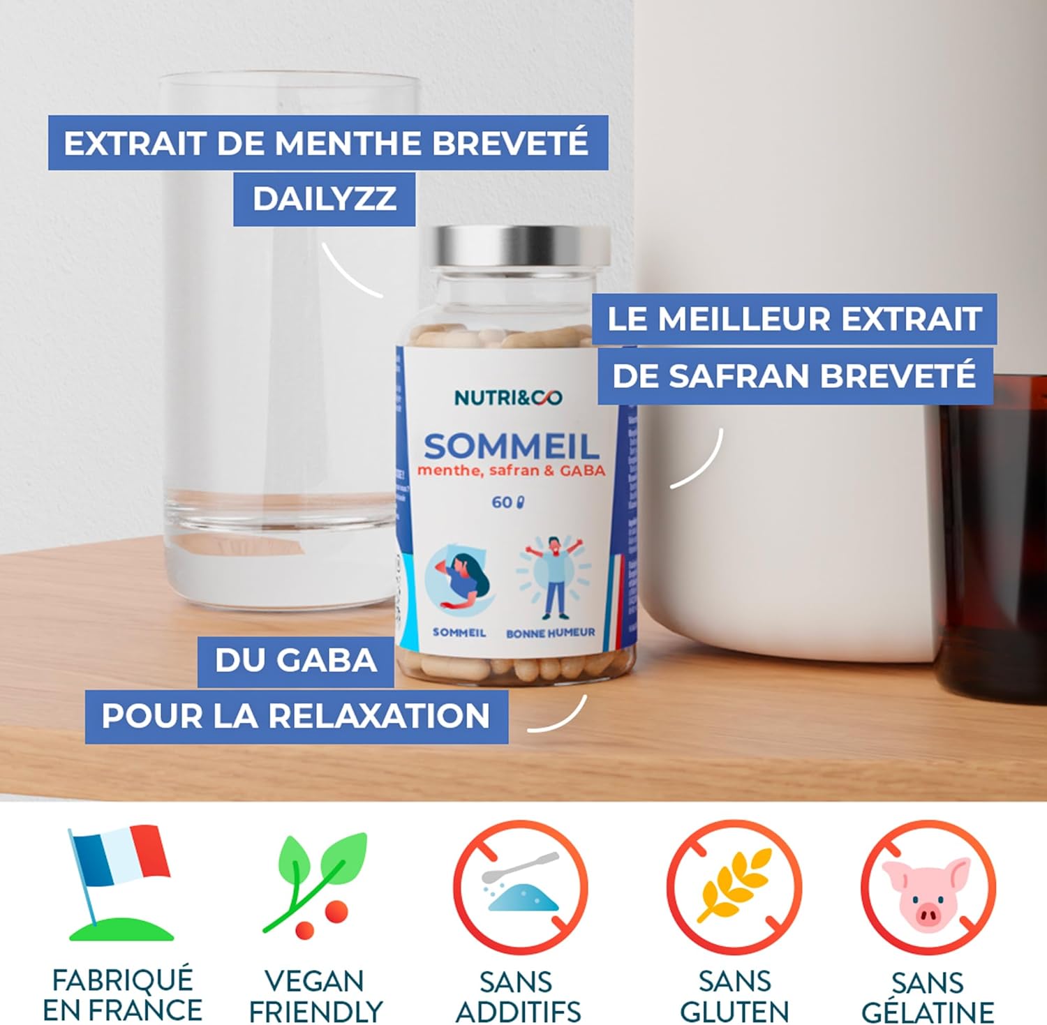 NUTRI & CO Sleep Formula - Mint, Saffron, GABA - 3-in-1 Product Facilitates Sleep, Deep Sleep & Active Wake-up - Adult Sleep Supplement - 60 Vegan Capsules - Made in France - Image 5