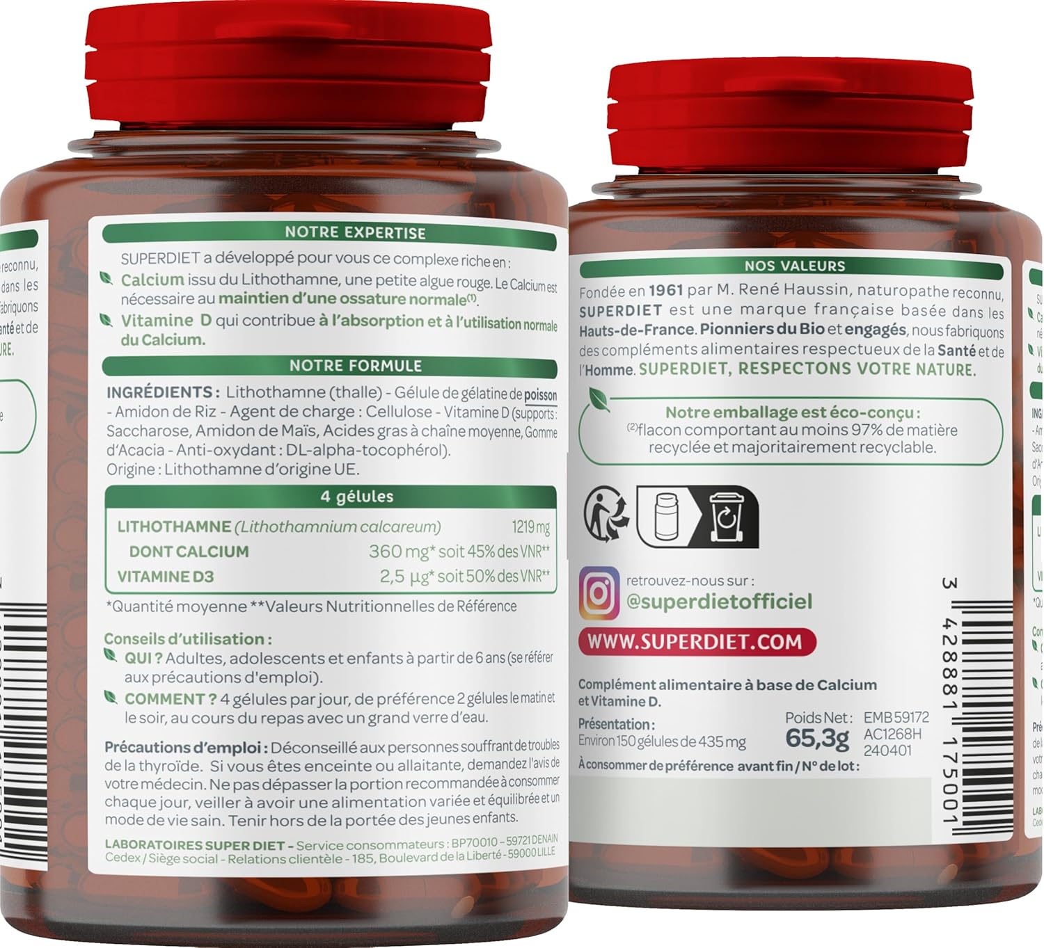 SUPERDIET - CALCIUM + VITAMIN D - Nutritherapy - Normal bone-Source of calcium and vitamin D-Made in France - 150 capsules - Image 3