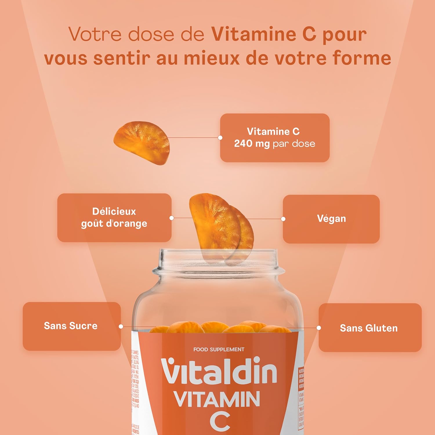 VITALDIN Gummies Vitamin C - 240mg Per Dose - Kids & Adults - Boosts Immunity & Reduces Fatigue - Vegan, Sugar Free, Gluten Free - Orange Flavour - 70 Gummies - Image 3