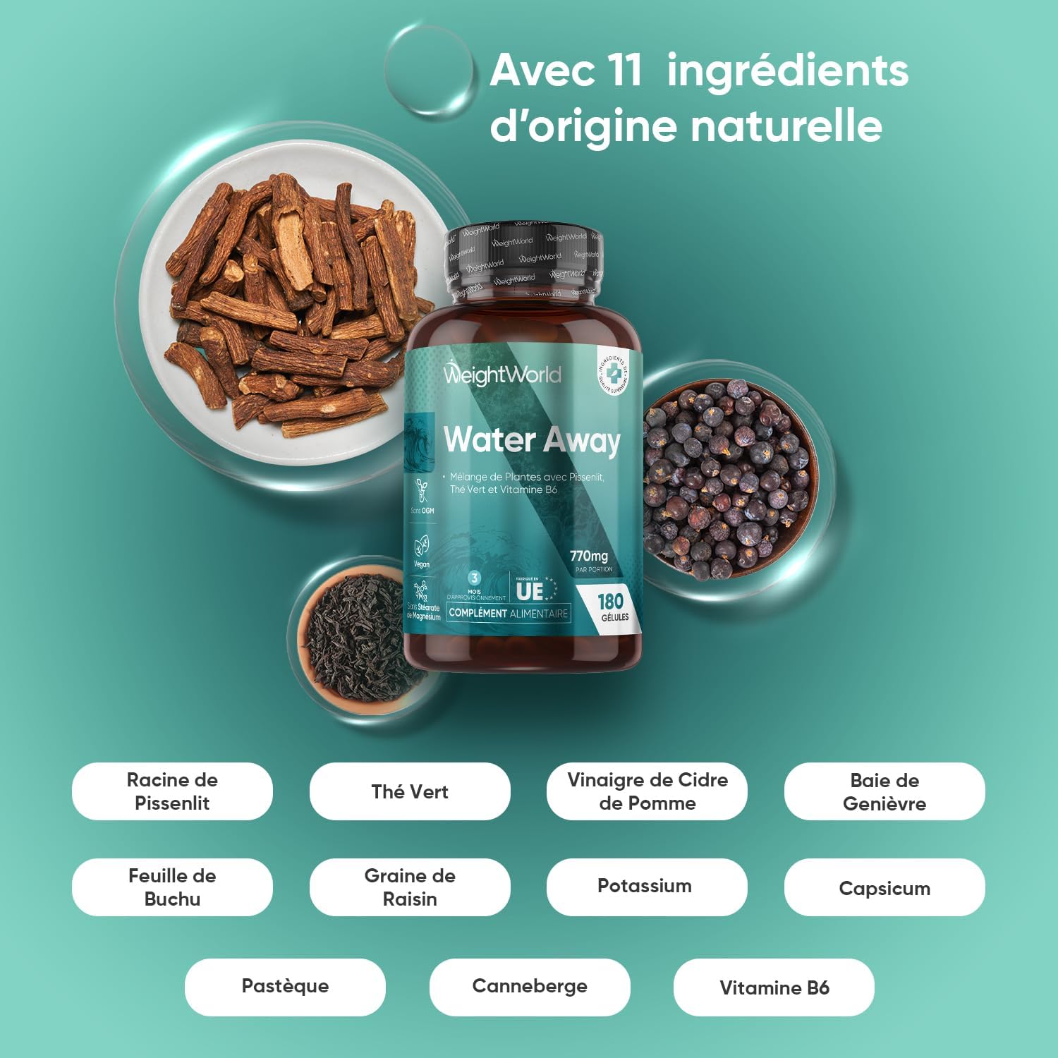 Water Away Drain Water – 180 Vegan Capsules (3 Months) – Plant Mix with 11 Ingredients: Dandelion, Green Tea, Apple Vinegar, Potassium, Non-GMO Vitamin B6 and Magnesium Stearate. - Image 3