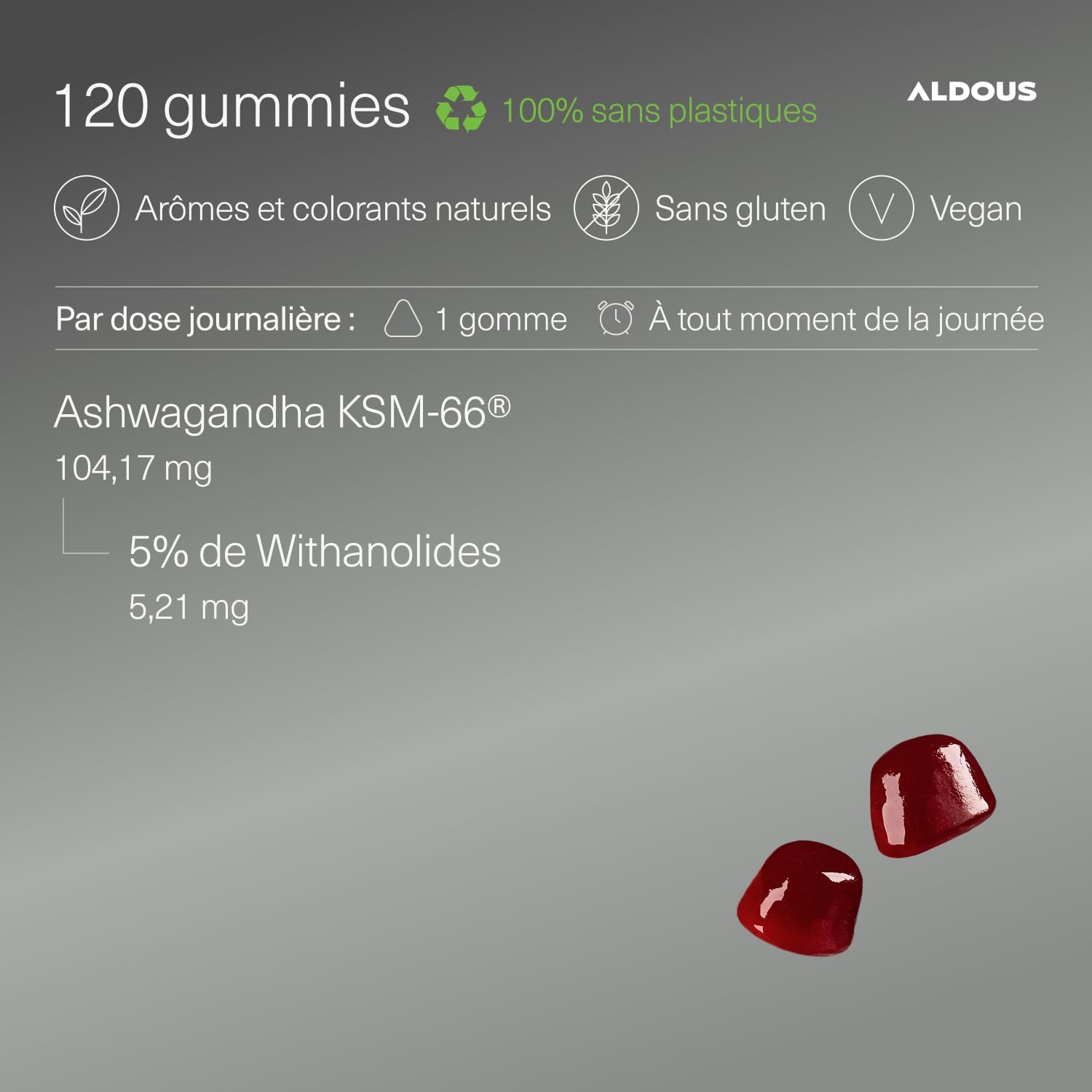 Ashwagandha Gummies Ashwagandha KSM-66 Withania Somnifera Anti-Stress, Calms Anxiety, Natural Relaxation - Energy and Vitality - 120 Erasers - Cherry Flavour - Image 4