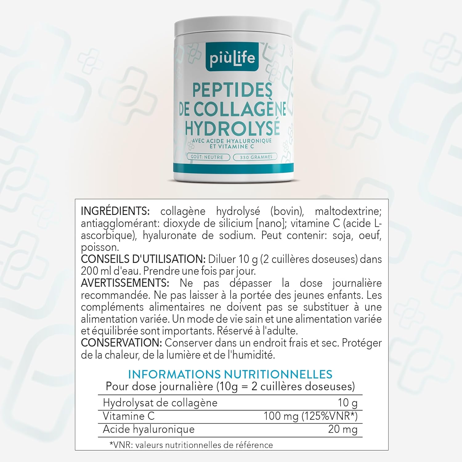 Collagen & Hyaluronic Acid 330g With PiùLife Vitamin C, Hydrolyzed Collagen Peptide Powder Type 1, Supplement For Skin, Hair, Nails, Joints, Bovine Collagen Flavorless - Image 9