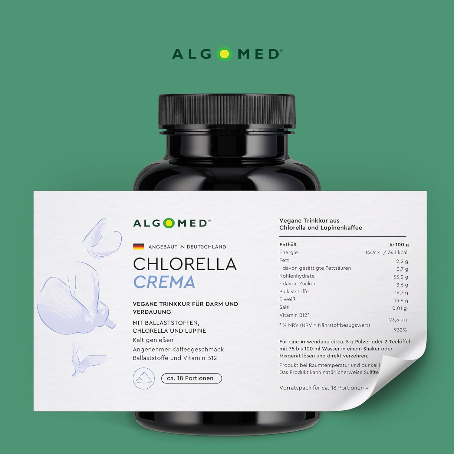 Chlorella Crema | Vegan Drinking Treatment for Gut and Digestion | B12 + Probiotics + Fibre | Made in Germany | Lupine Seeds + Chlorella + Nutriose - Image 6