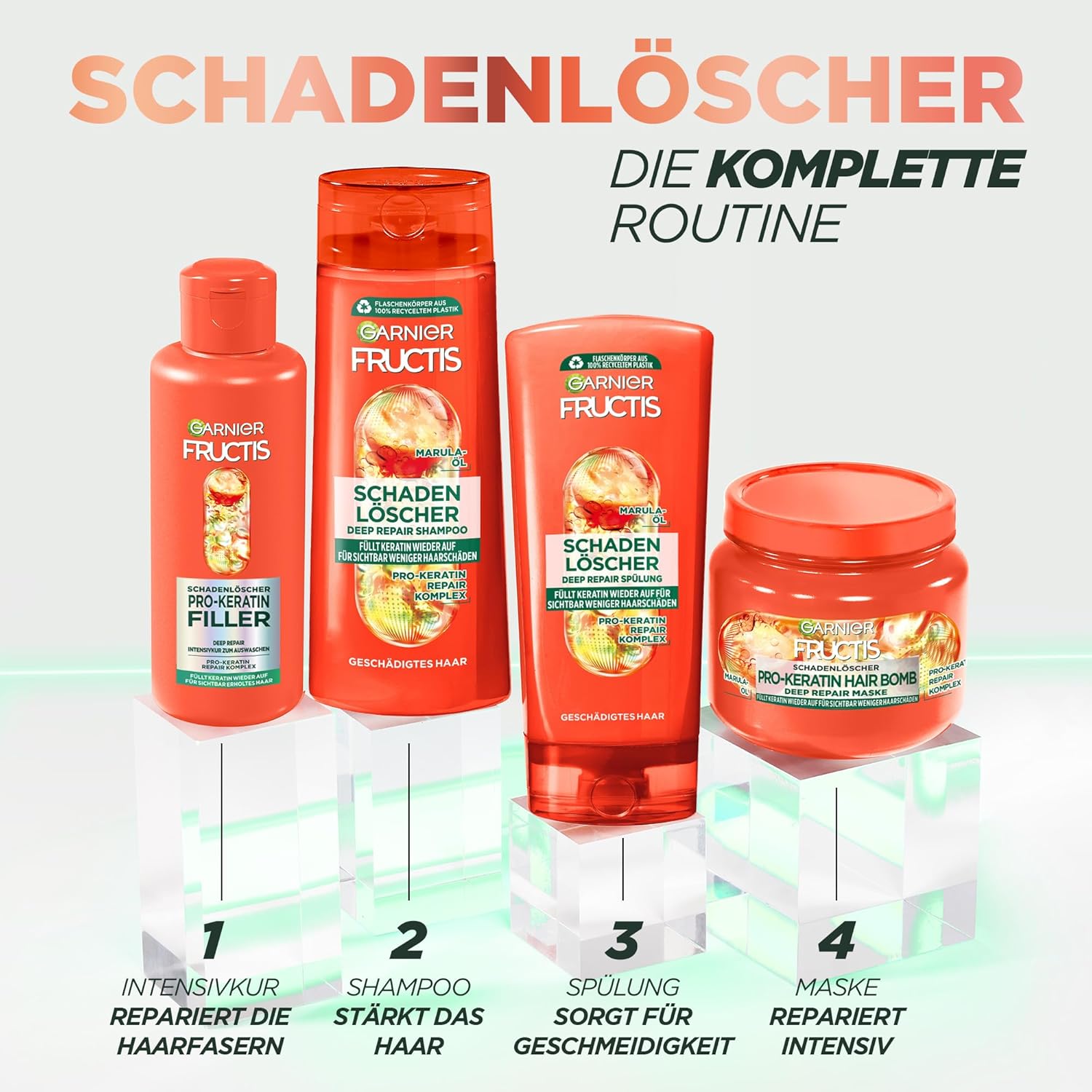 Garnier Fructis 4 x Fire Extinguisher Bottles for Damaged Hair with Pro-Keratin and Marula Oil, Shampoo 250ml, Conditioner 200ml, Curing 200ml, Mask 320ml - Image 3