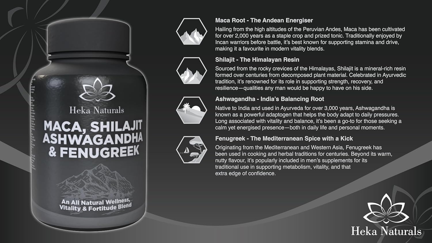 Heka Naturals Male Vitality Complex | 90 Capsules with Ashwagandha, Maca, Fenugreek & Shilajit, Plant Extracts Traditionally Used for General Wellness and Active Lifestyles - Image 4
