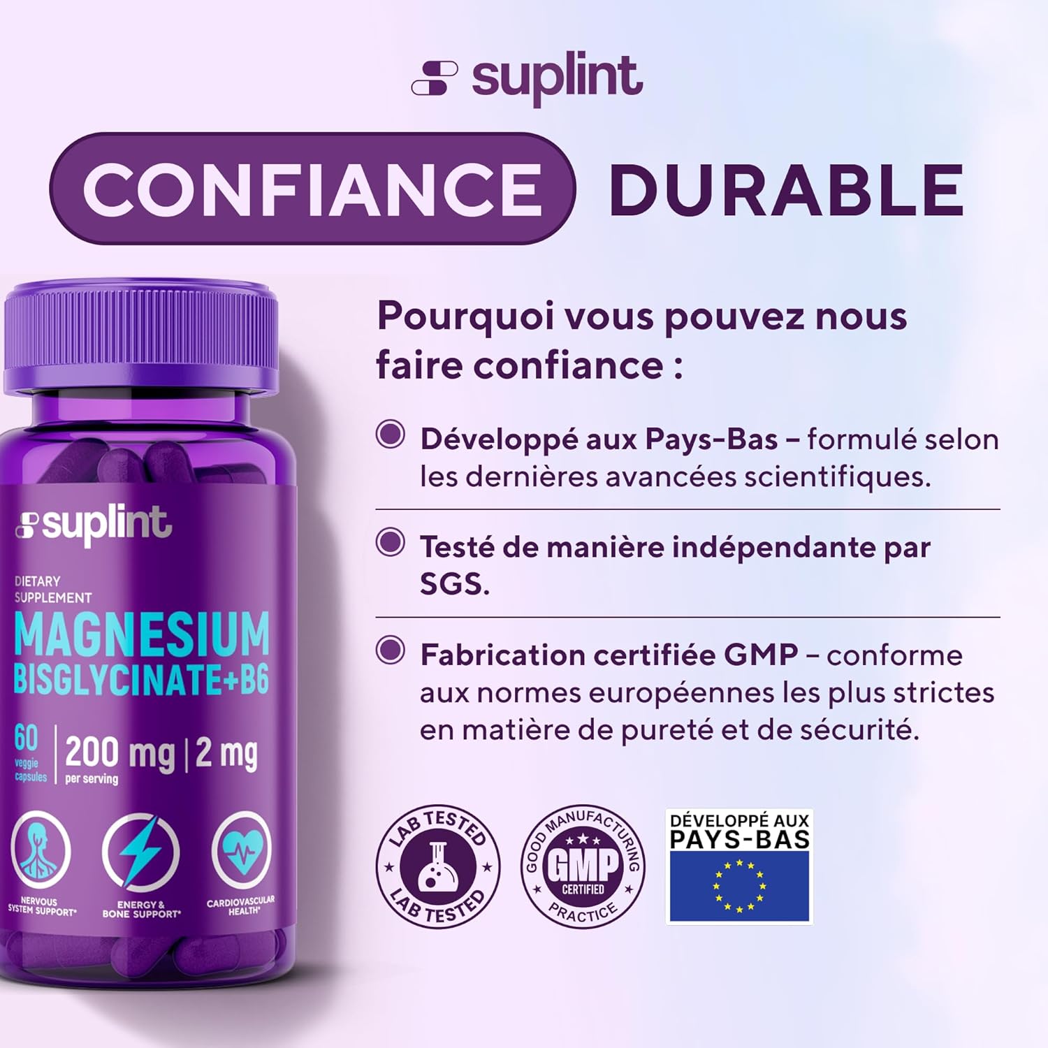 Magnesium Bisglycinate 200mg - With Vitamin B6 for Better Absorption - High Dose & Lab Tested - Magnesium Complex - Vegan Capsules Without Additives - 60 Capsules - Image 4