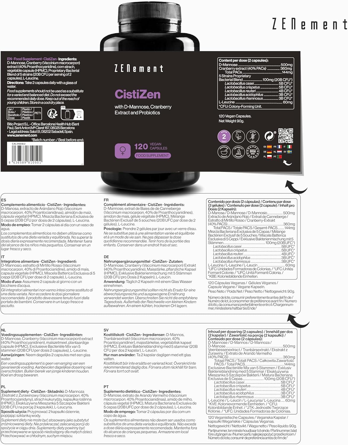 CistiZen - With D-Mannose, Cranberry and 5 Probiotic Strains - 120 Vegan Capsules - No Additives, GMOs, Gluten and Lactose - 2 Month Course Zenement - Image 5