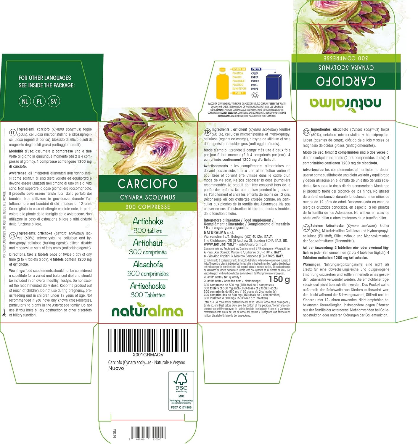 Artichoke (Cynara scolymus) leaves Naturalma - 150 g - 300 tablets - dietary supplement - natural and vegan - Image 3