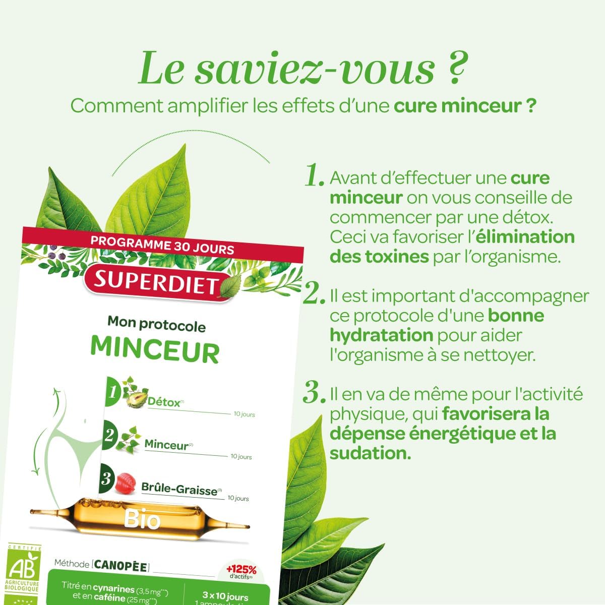 SUPERDIET – Organic slimming protocol – 3 progressive phases: detox, slimming, fat burning – Made in France – 10 plants – 30 ampoules of 10 ml - Image 7