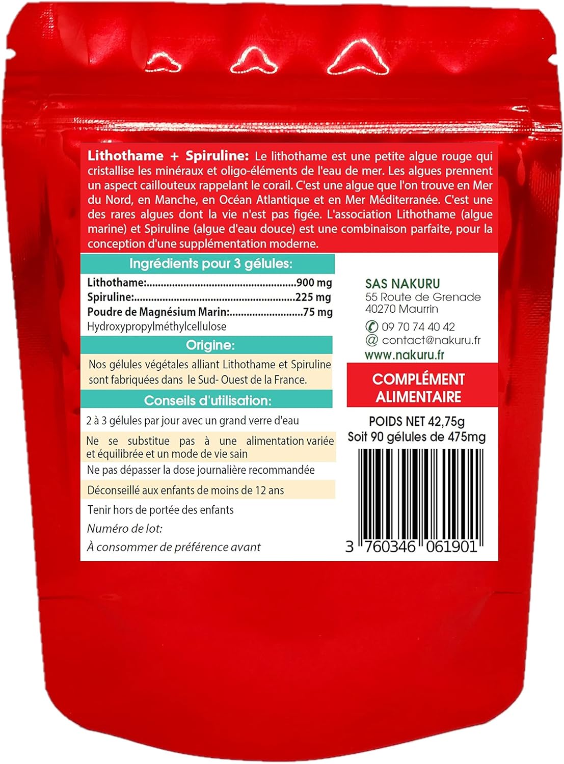 NAKURU | Lithothame + Spirulina | Balance Range | Made in France | "The Power of Algae!" | (90 Vegetable Capsules of 475mg / Net Weight: 42.8g) - Image 3