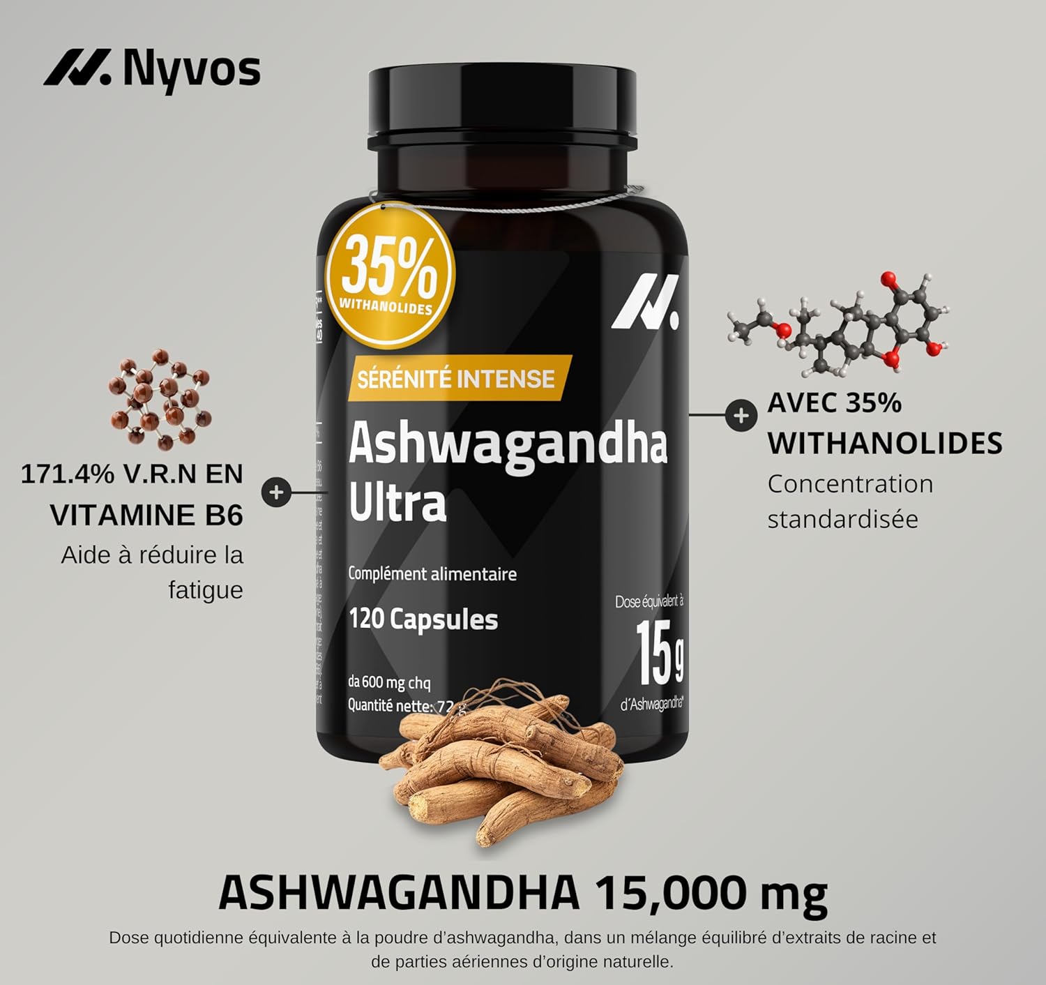 Ashwagandha Shoden Ultra 35% Withanolides - 15,000mg Equivalent | 7x More Concentrated Than Ashwagandha KSM-66 | Support Concentration, Deep Sleep & Energy | 120 Capsules - Nyvos - Image 6