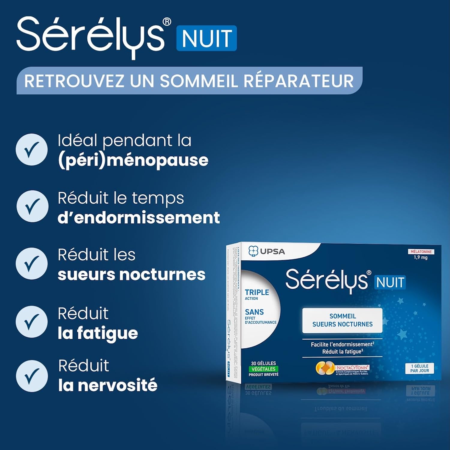 UPSA Serelys Night Food Supplement with Melatonin 1.9 mg, Magnesium & Vitamin E - Sleep, Fatigue, Sleep Disorders & Night Sweats - 30 Vegetable Capsules - 1 Month - Image 3