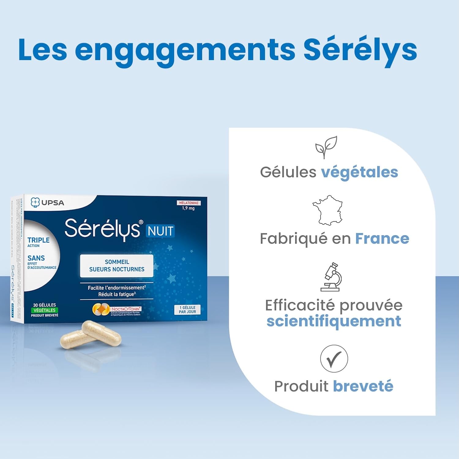 UPSA Serelys Night Food Supplement with Melatonin 1.9 mg, Magnesium & Vitamin E - Sleep, Fatigue, Sleep Disorders & Night Sweats - 30 Vegetable Capsules - 1 Month - Image 5