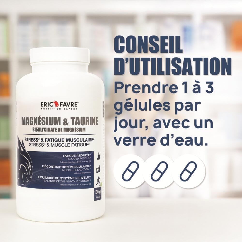 Magnesium Bisglycinate + TAURINE & VITAMIN B6-180 Vegetable Capsules - Fatigue, Stress, Sleep & Muscle Contraction - High Assimilation - Flexible Cure - Eric Favre - Image 4