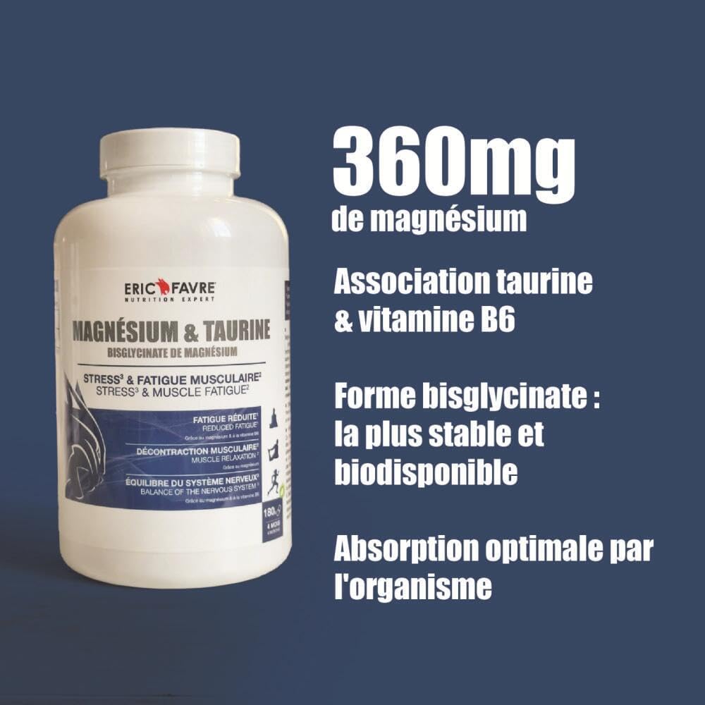 Magnesium Bisglycinate + TAURINE & VITAMIN B6-180 Vegetable Capsules - Fatigue, Stress, Sleep & Muscle Contraction - High Assimilation - Flexible Cure - Eric Favre - Image 5