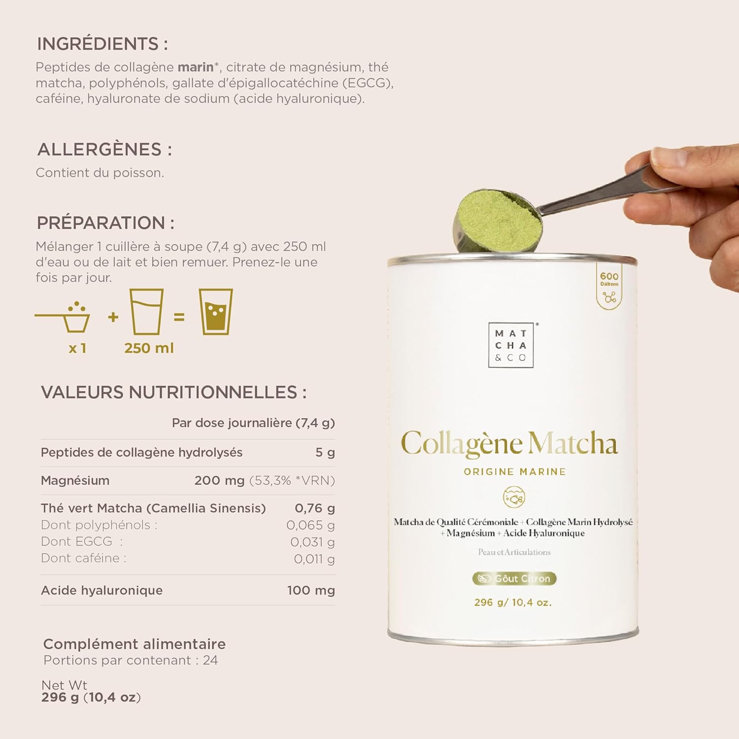 Matcha Collagen Powder with Magnesium and Hyaluronic Acid - Matcha Lemon Flavour - For Joints, Skin and Nails - 296g - Image 5