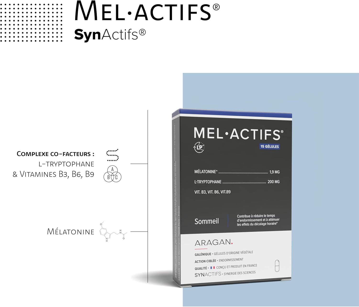 Melactif - Sleep Supplement - Melatonin, L-tryptophan, Vitamins B3, B6 and B9 - Aragan - 15 Capsules - Image 3