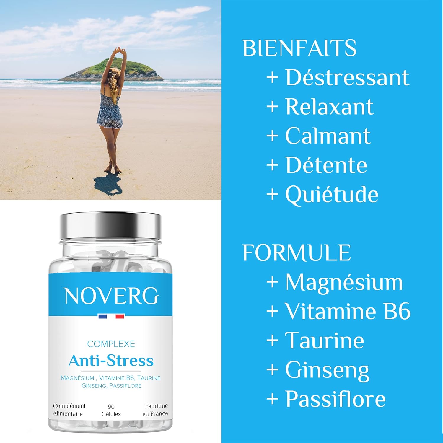 Anti-Stress | Reduces Anxiety & Mental Fatigue | Relaxation, Relaxation & Serenity | Magnesium, Vitamin B6, Taurine, Ginseng, Passionflower | Vegan | 90 Capsules | Made in France - Image 3