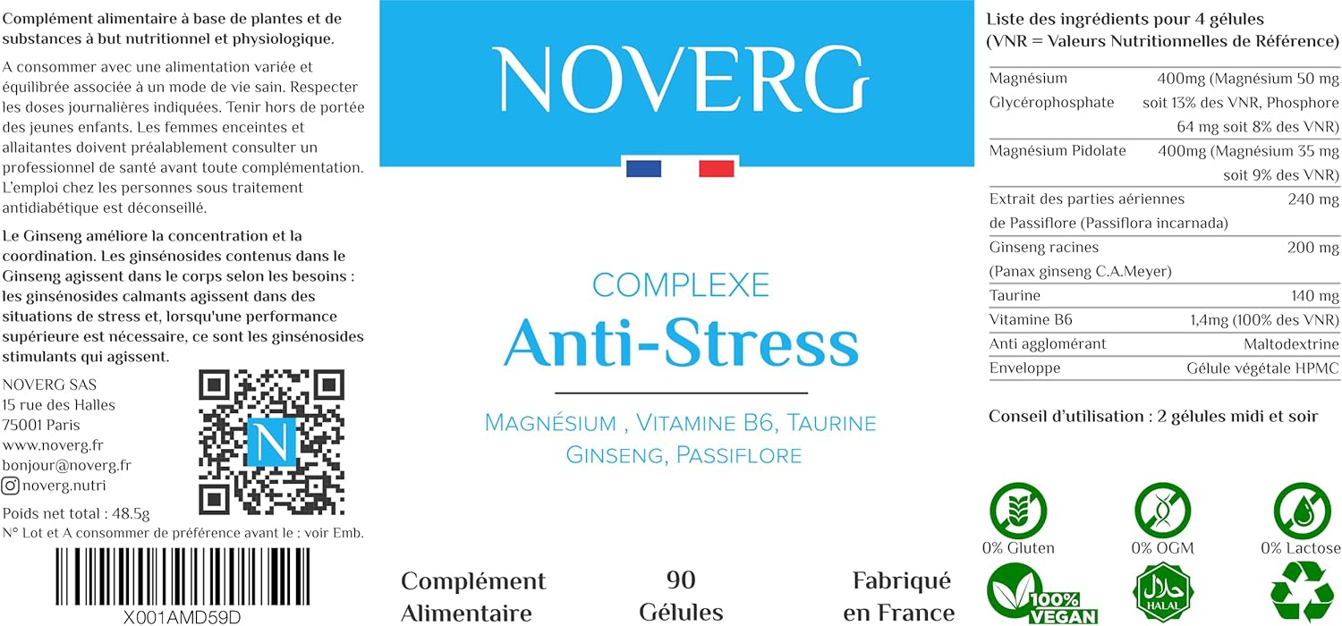 Anti-Stress | Reduces Anxiety & Mental Fatigue | Relaxation, Relaxation & Serenity | Magnesium, Vitamin B6, Taurine, Ginseng, Passionflower | Vegan | 90 Capsules | Made in France - Image 7