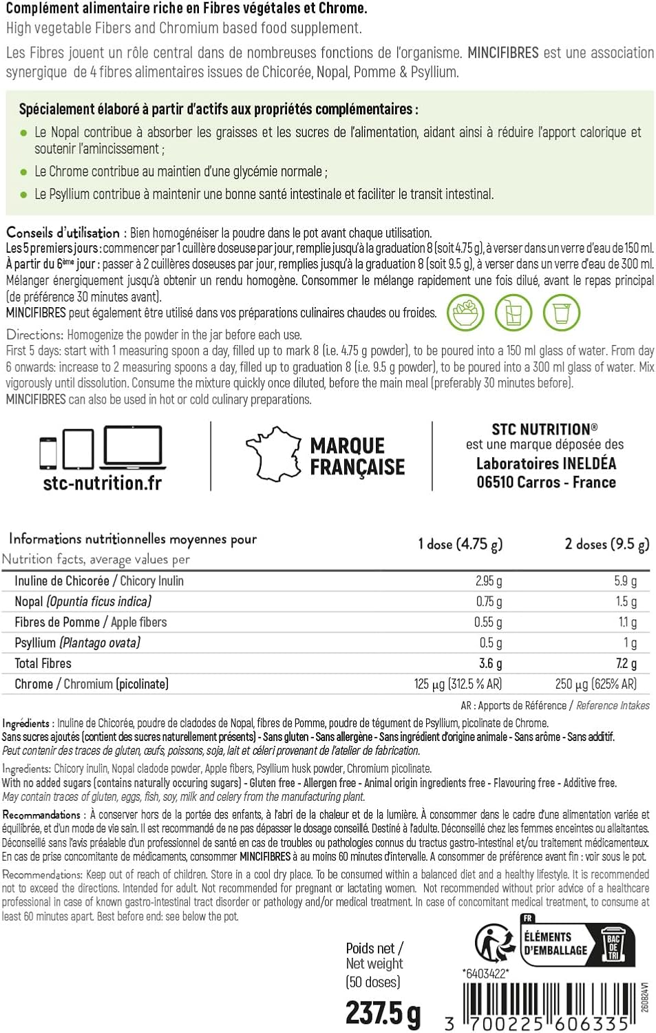 STC NUTRITION - Mincifibres - Food supplement with Chicory, Nopal, Apple, Psyllium & Chrome - Promotes weight loss and intestinal health - Neutral taste - 50 doses - Image 3