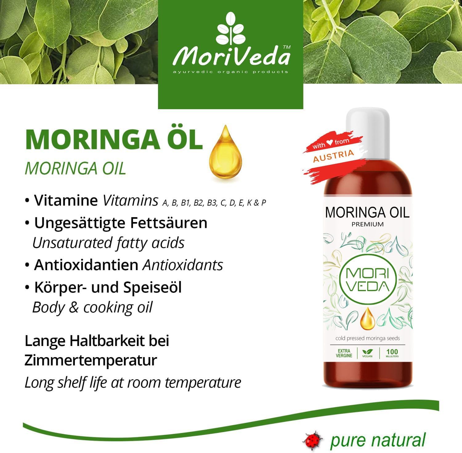 MoriVeda Moringa Oil Premium 100ml Natural Cold Pressed Oil for Skin, Hair & Cooking Rich in Vitamins, Unsaturated Fatty Acids and Antioxidants - Image 4
