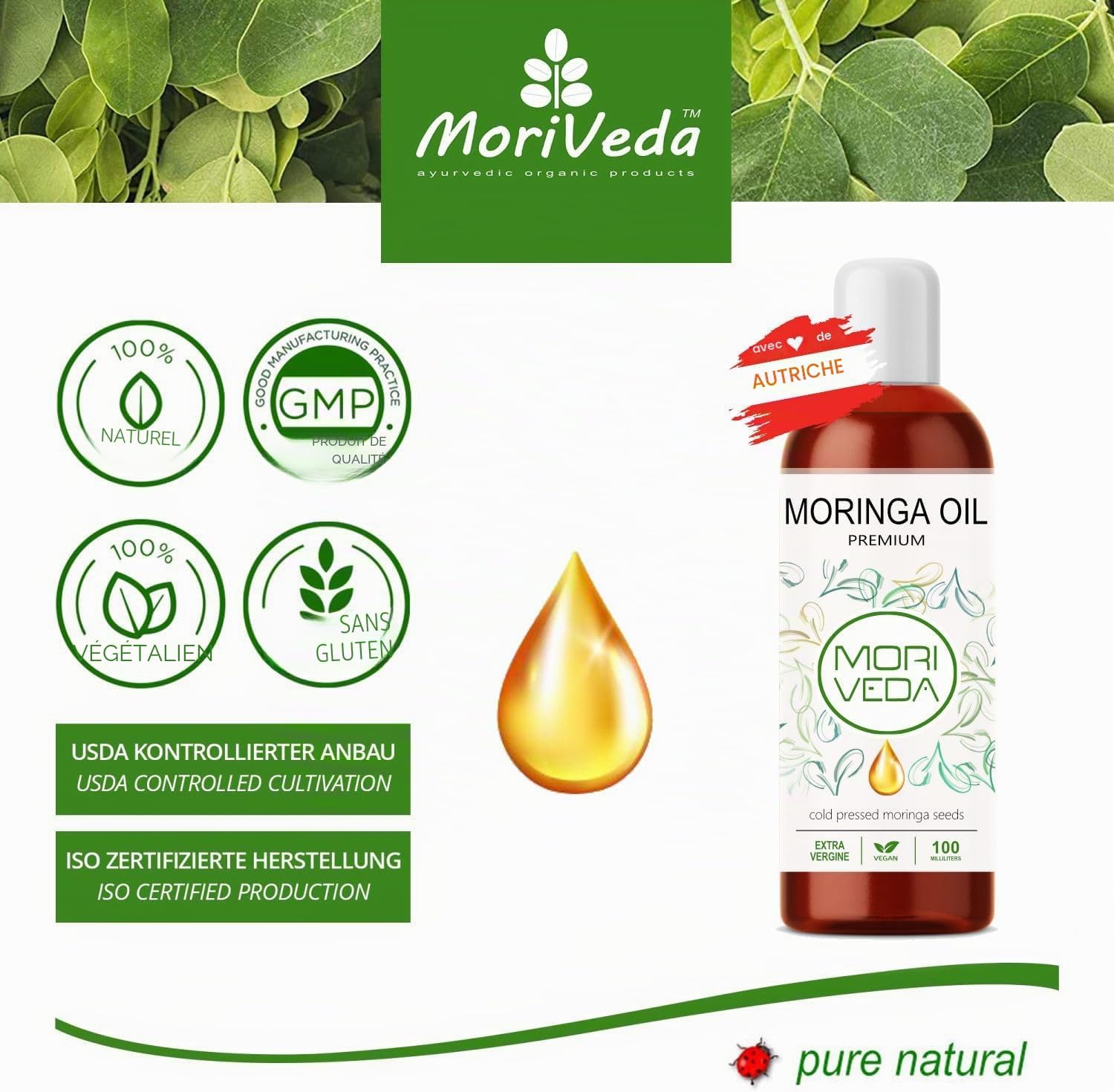 MoriVeda Moringa Oil Premium 100ml Natural Cold Pressed Oil for Skin, Hair & Cooking Rich in Vitamins, Unsaturated Fatty Acids and Antioxidants - Image 5