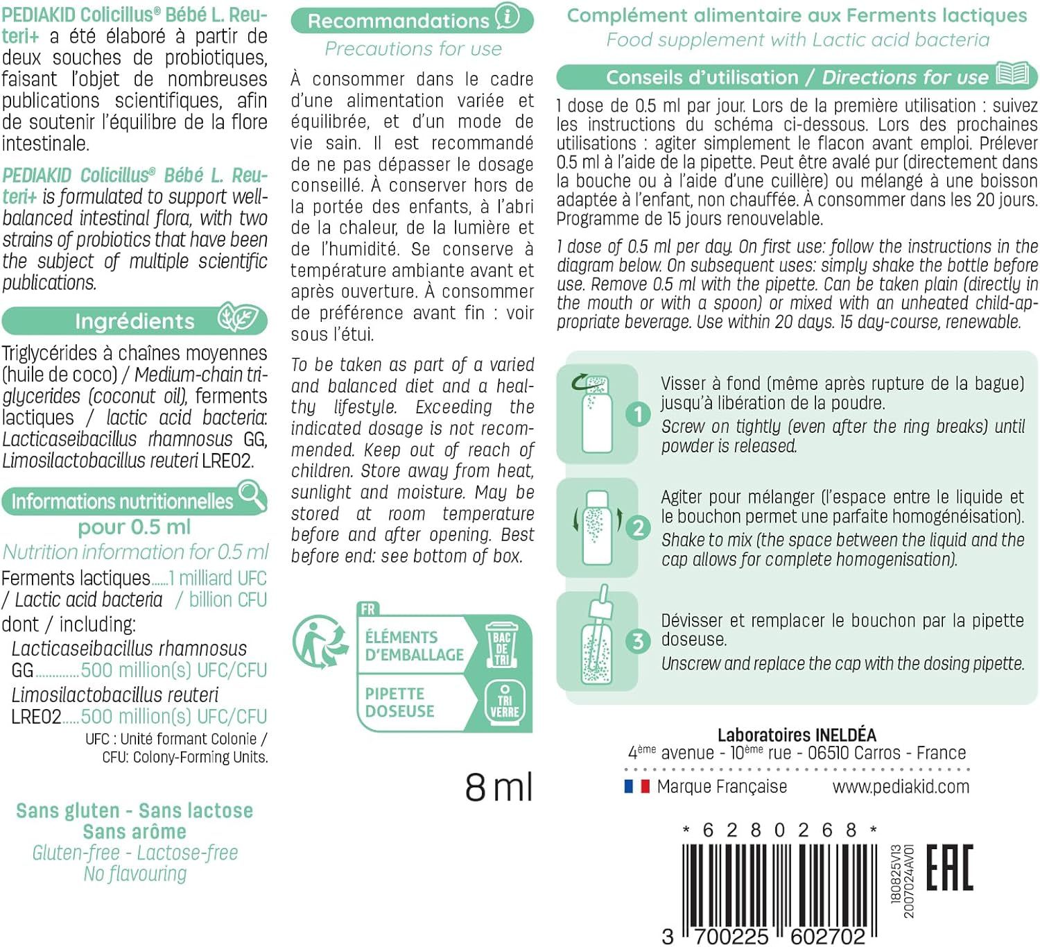 PEDIAKID - Baby Colicillus - Lactobacillus GG & Reuteri Probiotics - 1 Billion CFU per intake - Reduces abdominal contractions - Lactose free - Taste neutral - From birth - 10ml bottle - Image 3