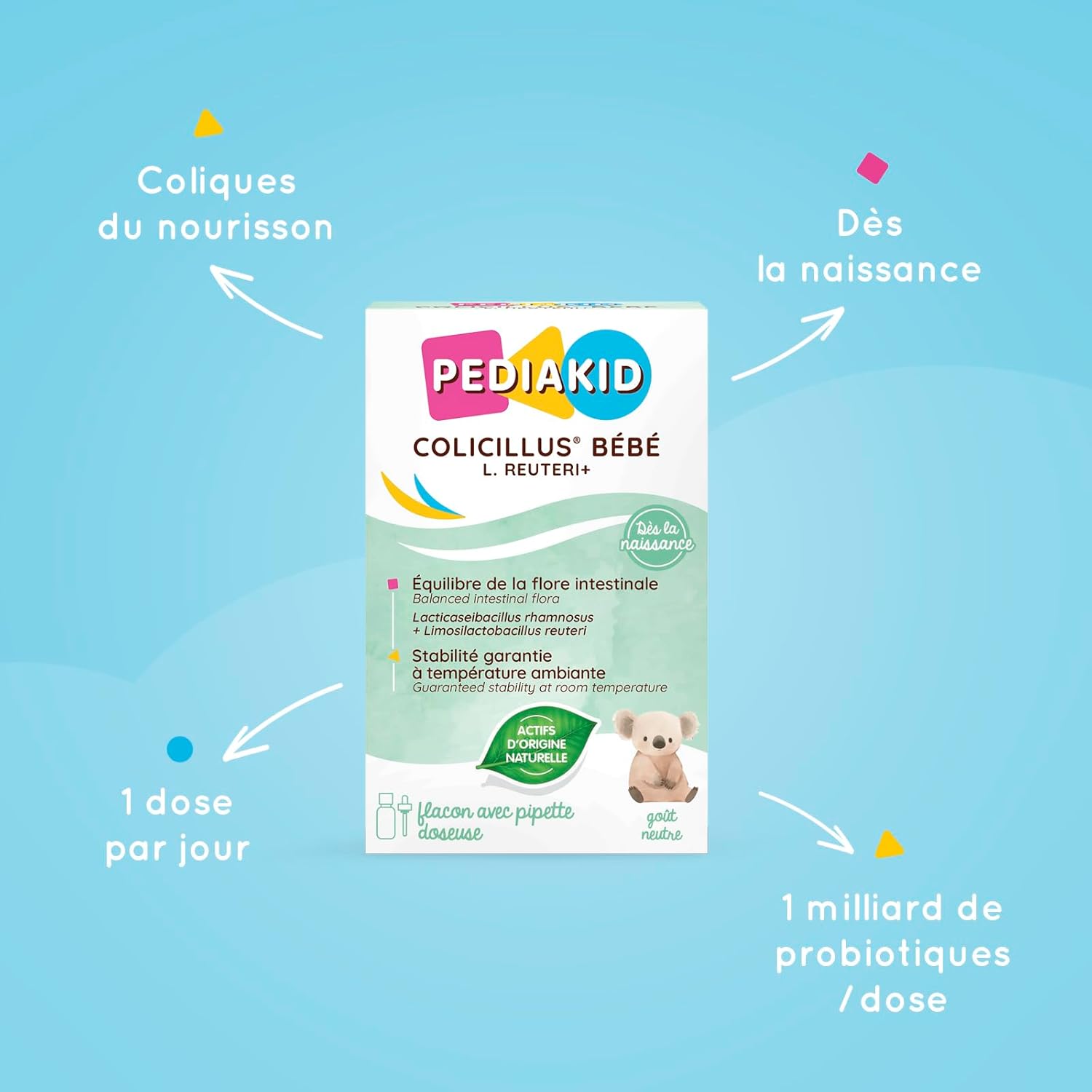 PEDIAKID - Baby Colicillus - Lactobacillus GG & Reuteri Probiotics - 1 Billion CFU per intake - Reduces abdominal contractions - Lactose free - Taste neutral - From birth - 10ml bottle - Image 4