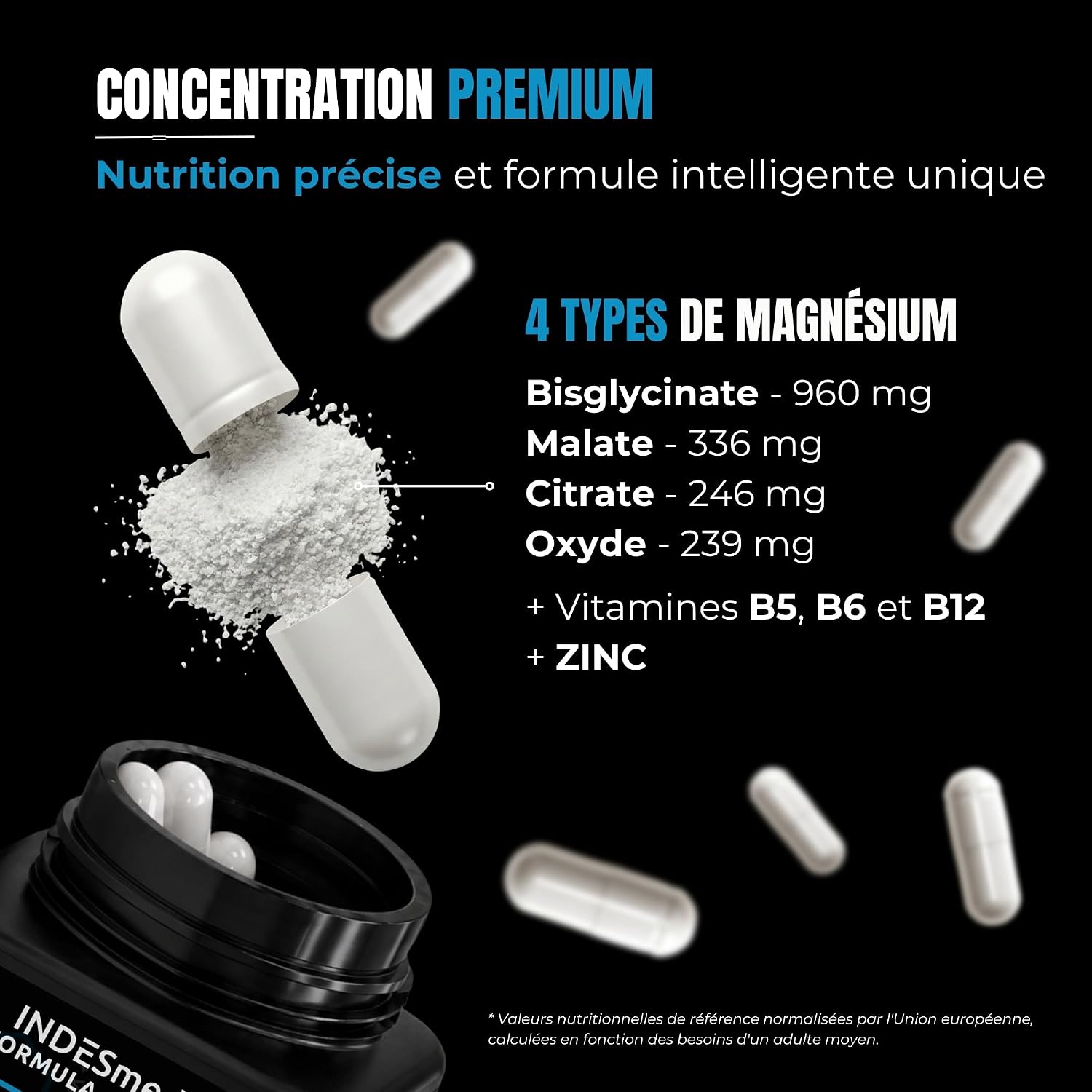 Magnésium Complex - Bisglicinate, Citrate, Malate, Oxyde avec Vitamines B5, B6, B12 & Zinc | Fatigue, Stress & Douleurs Musculaires | Haute Absorption | 120 Gélules Végan | INDESmed FORMULA SMART - Image 3