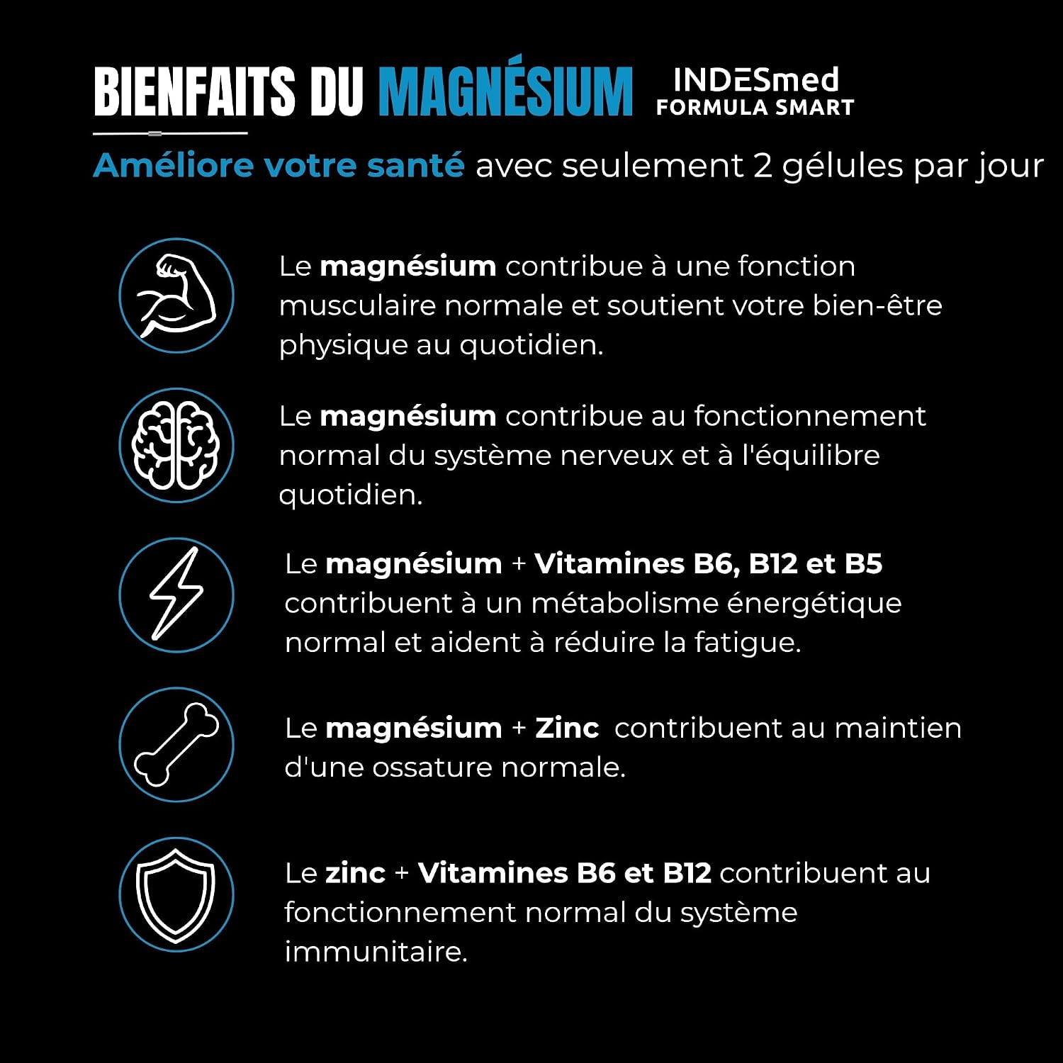 Magnésium Complex - Bisglicinate, Citrate, Malate, Oxyde avec Vitamines B5, B6, B12 & Zinc | Fatigue, Stress & Douleurs Musculaires | Haute Absorption | 120 Gélules Végan | INDESmed FORMULA SMART - Image 5