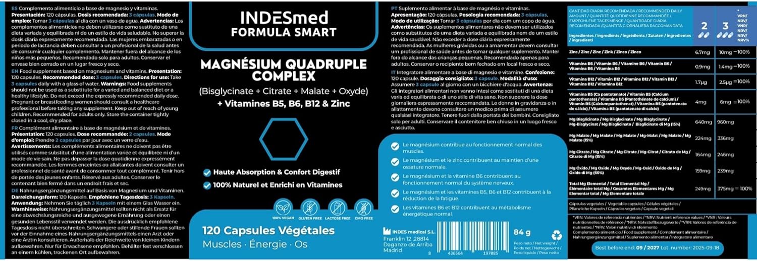 Magnésium Complex - Bisglicinate, Citrate, Malate, Oxyde avec Vitamines B5, B6, B12 & Zinc | Fatigue, Stress & Douleurs Musculaires | Haute Absorption | 120 Gélules Végan | INDESmed FORMULA SMART - Image 11