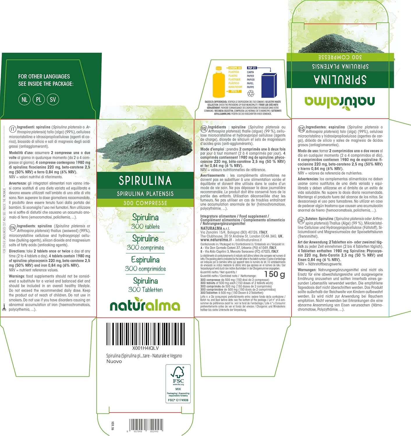 Spirulina (Spirulina platensis or Arthrospira platensis) Thallus (Algae) Naturalma - 150 g - 300 Tablets - Food Supplement - Natural and Vegan - Image 3