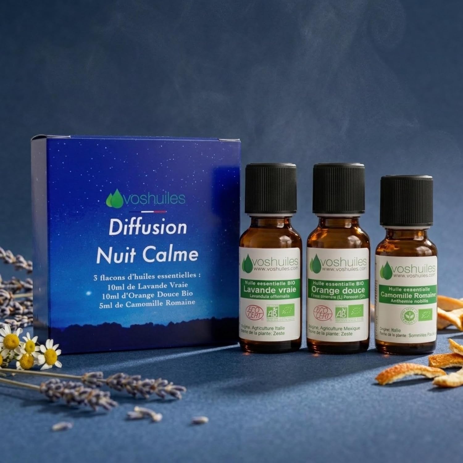 VOSHUILES - Calm Night Diffusion Kit - 2 x 10 ml, 1 x 5 ml - 3 Essential Oils - Real Lavender Sweet Orange and Roman Chamomile - Relaxation and Repairing Sleep - Image 4