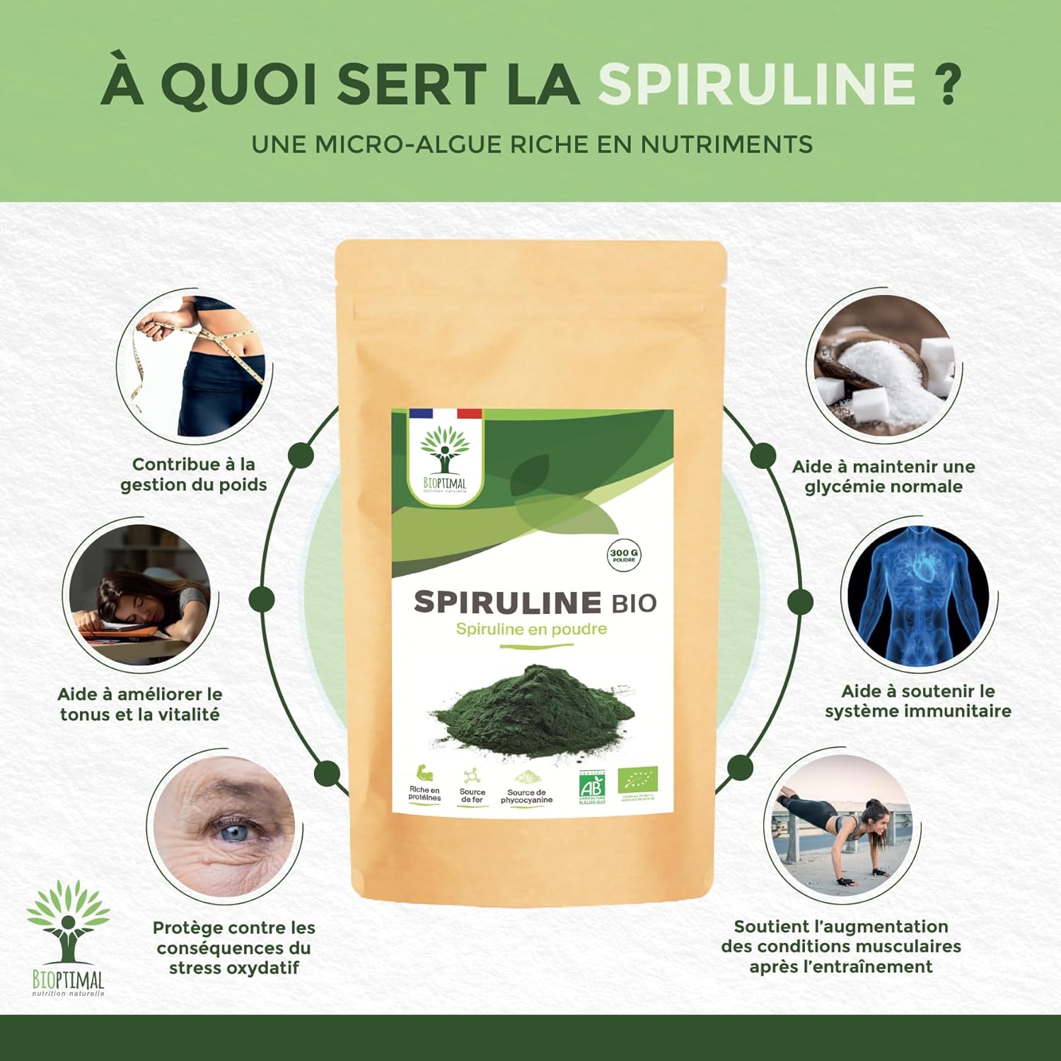 Organic Spirulina - 65% Proteins 14% BCAA 17% Phycocyanin Iron - Energy Sport Immunity - 100% Pure Spirulina Powder - Bioptimal French Brand - Packaged in France - Ecocert Certified - 300g - Image 3